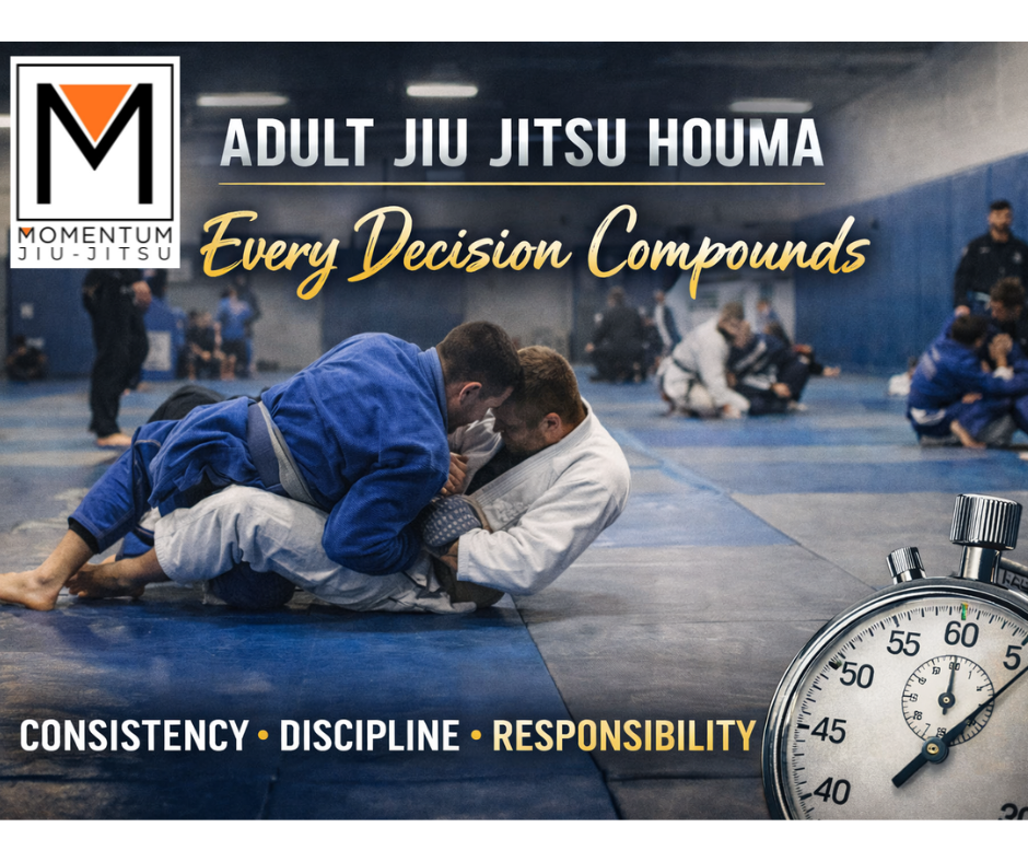 Adult jiu jitsu houma training consistently at Momentum Jiu Jitsu.